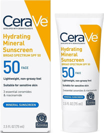 CeraVe Hydrating Mineral Sunscreen SPF 50 Face Sunscreen, Travel Size 2.5oz