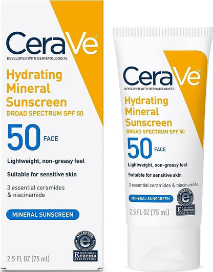 CeraVe Hydrating Mineral Sunscreen SPF 50 Face Sunscreen, Travel Size 2.5oz