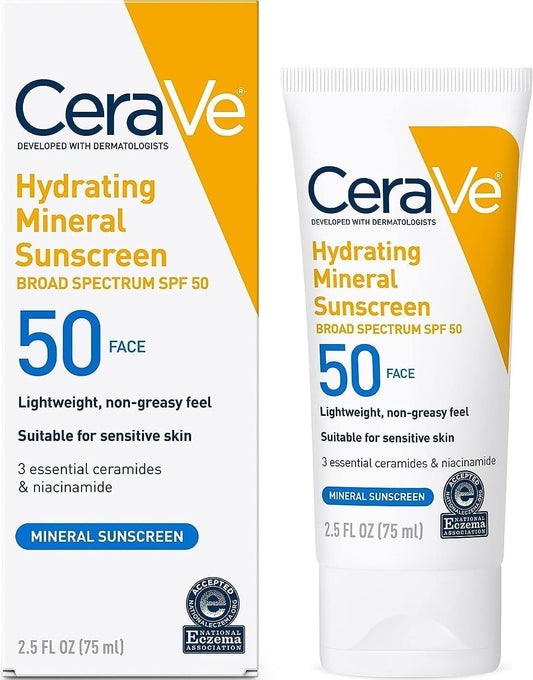CeraVe Hydrating Mineral Sunscreen SPF 50 Face Sunscreen, Travel Size 2.5oz