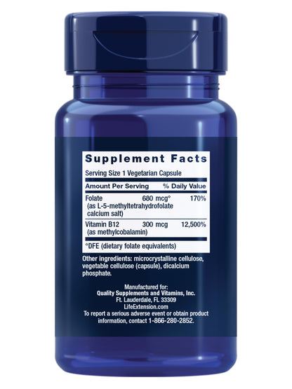 Life Extension BioActive Folate & Vitamin B12, Promotes Heart, Brain & GI Tract Health, Non-GMO, Gluten-Free, Vegetarian, 90 Capsules