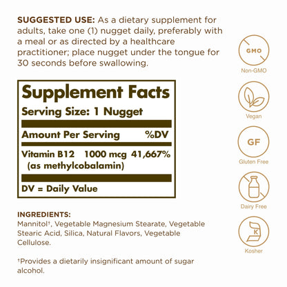 Solgar Methylcobalamin (Vitamin B12) 1000 mcg - 60 Nuggets, Pack of 2 - Supports Energy Metabolism - Non-GMO, Vegan, Gluten Free, Dairy Free, Kosher - 120 Total Servings