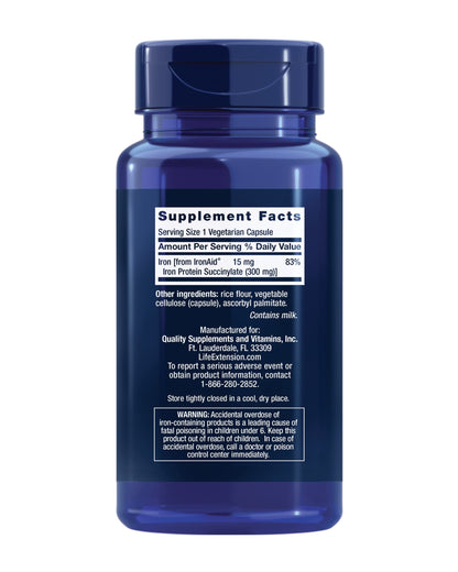 Life Extension Iron Protein Plus, Iron Protein succinylate, absorbable Iron Supplement for Whole-Body Health, Non-GMO, Gluten-Free, Vegetarian, 100 Capsules