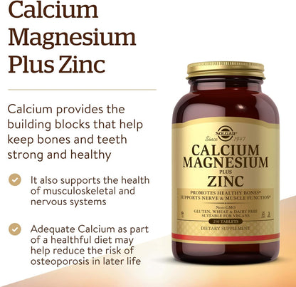 Solgar Calcium Magnesium Plus Zinc, 250 Tablets - Promotes Healthy Bones and Teeth - Supports Nerve & Muscle Function - Non GMO, Vegan, Gluten Free, Dairy Free, Kosher, Halal - 83 Servings
