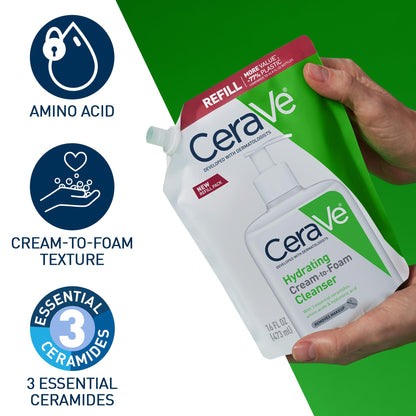 CeraVe Hydrating Cream To Foam Cleanser, Face Wash for Dry Skin,16oz Refill