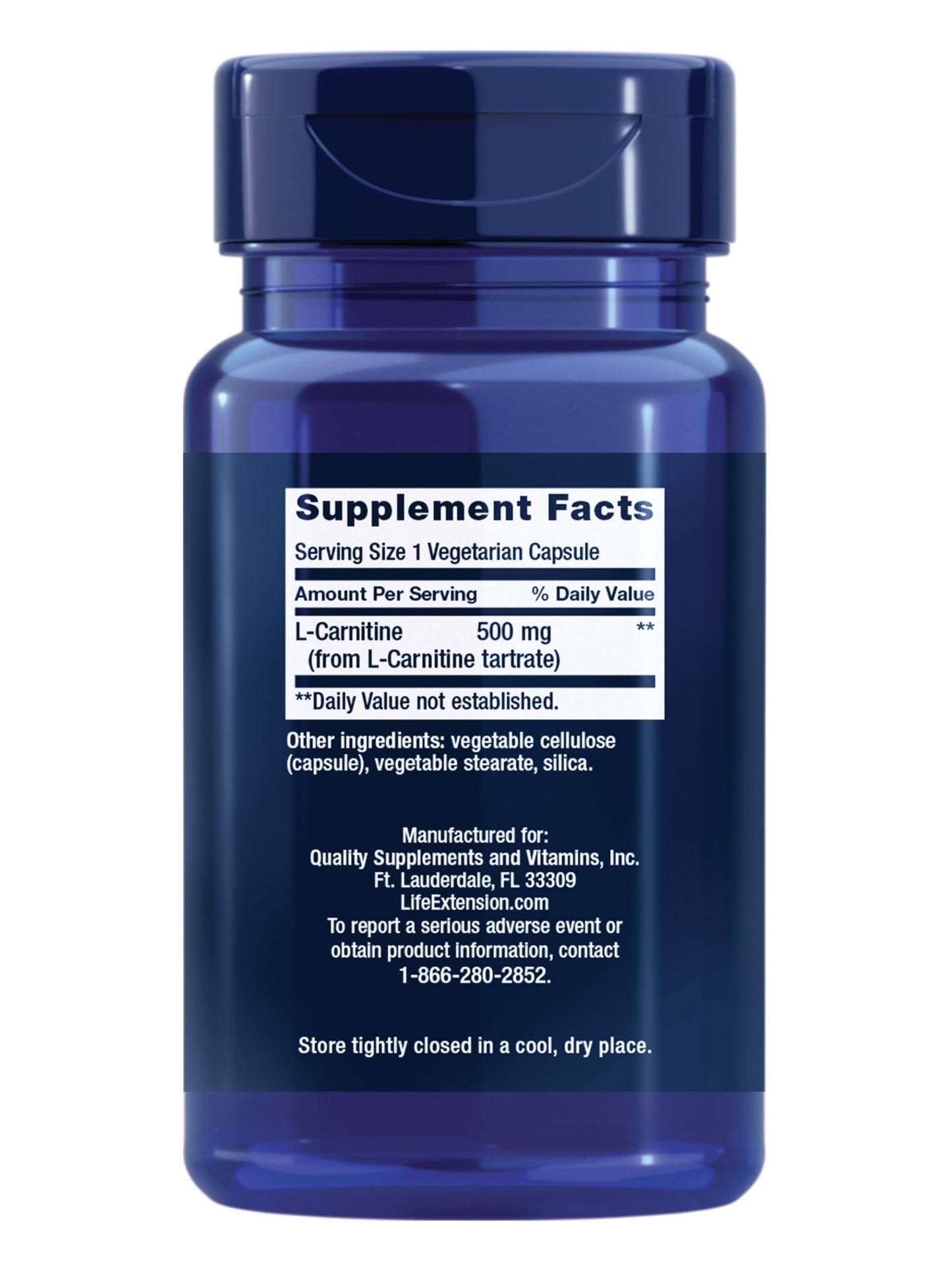 Life Extension L-Carnitine – 500 mg, Energy Supplement, Memory Supplement – Free Form Amino Acid, Nitric Oxide Support, Healthy Blood Pressure – Gluten-Free, Non-GMO, Vegetarian – 30 Capsules