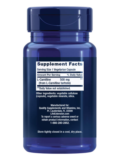 Life Extension L-Carnitine – 500 mg, Energy Supplement, Memory Supplement – Free Form Amino Acid, Nitric Oxide Support, Healthy Blood Pressure – Gluten-Free, Non-GMO, Vegetarian – 30 Capsules