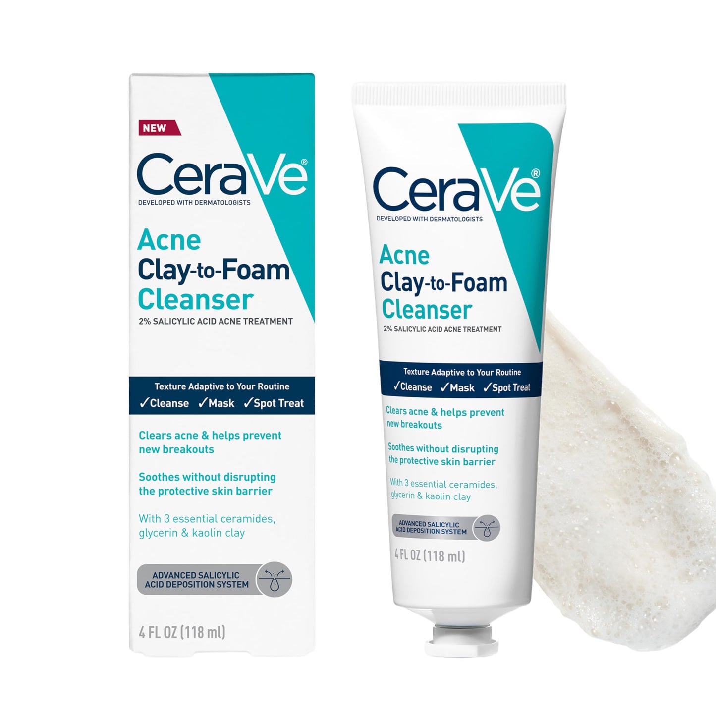 CeraVe Clay to Foam Acne Face Wash, Salicylic Acid Spot Treatment, 4 Oz