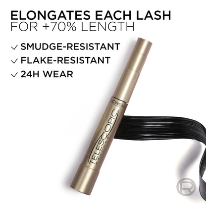 L’Oreal Paris Makeup Original Telescopic Mascara, Separating Mascara Volume and Length Formula, Washable, Black, 0.27 Fl Oz., 1 Count