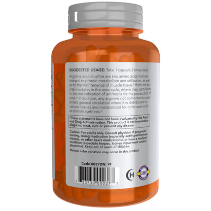 NOW Sports, Arginine & Citrulline 500 mg/ 250 mg, Amino Acids, 120 Veg Caps