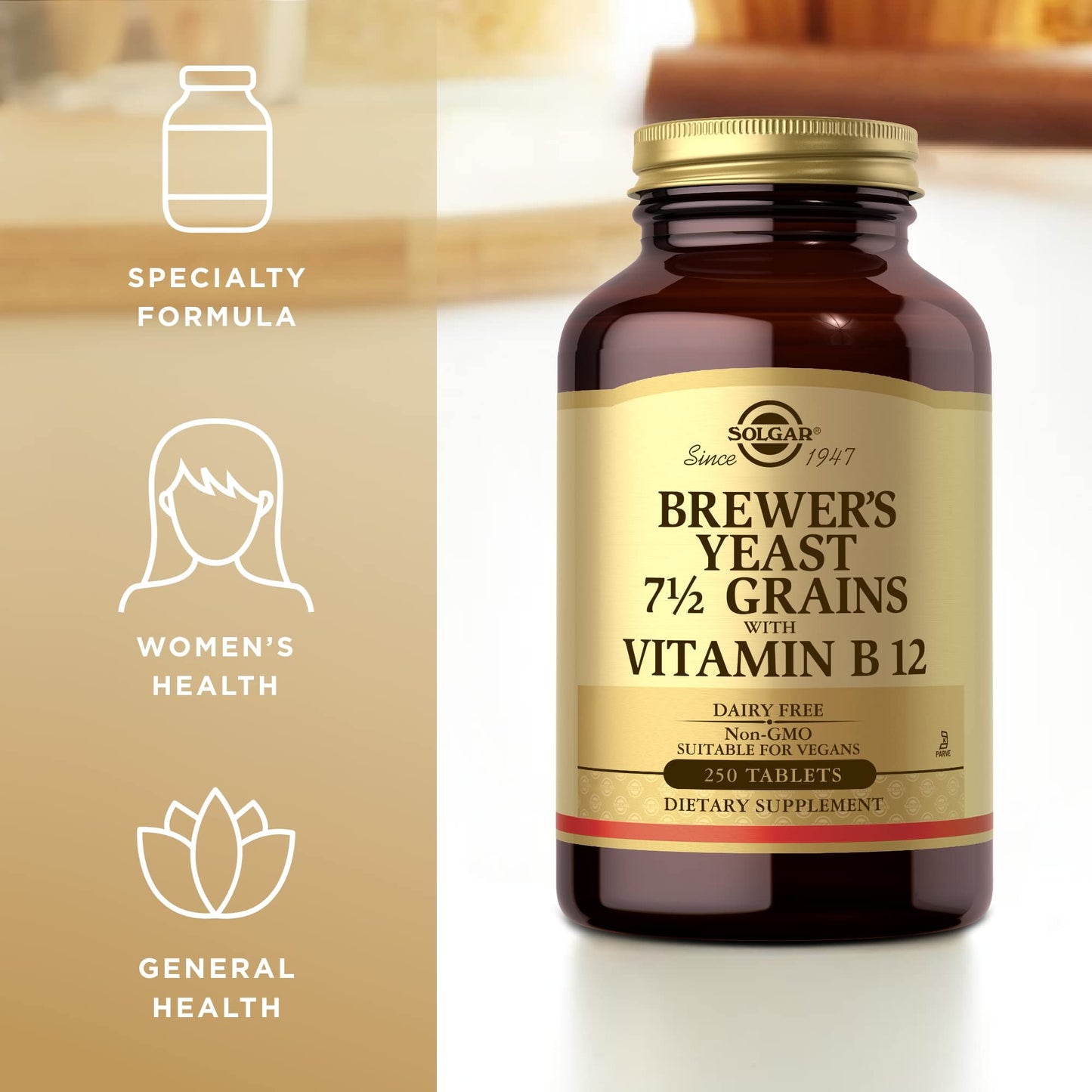 Solgar Brewer's Yeast 7 ½ Grains with Vitamin B12 - 250 Tablets, Pack of 2 - Non-GMO, Vegan, Dairy Free, Kosher - 82 Total Servings