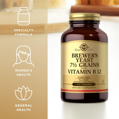 Solgar Brewer's Yeast 7 ½ Grains with Vitamin B12 - 250 Tablets, Pack of 2 - Non-GMO, Vegan, Dairy Free, Kosher - 82 Total Servings