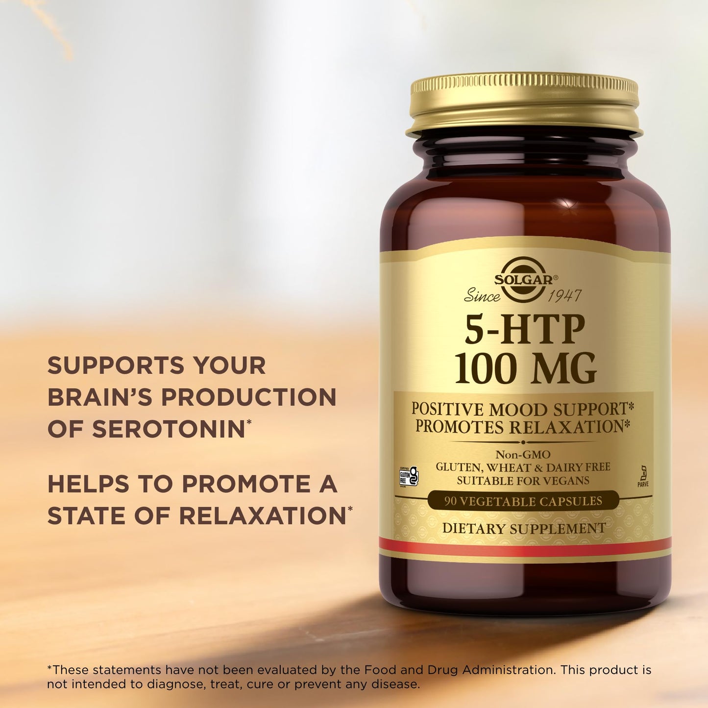 Solgar 5-HTP 100 mg - 90 Vegetable Capsules - Promotes Relaxation - Non-GMO, Vegan, Kosher & Gluten Free - 90 Servings