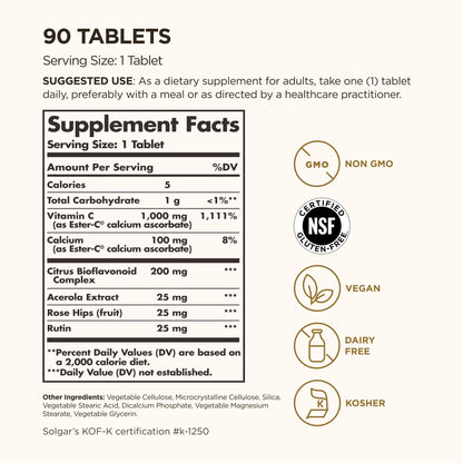 Solgar Ester-C Plus 1000 mg Vitamin C, 90 Tablets - Gentle On The Stomach
