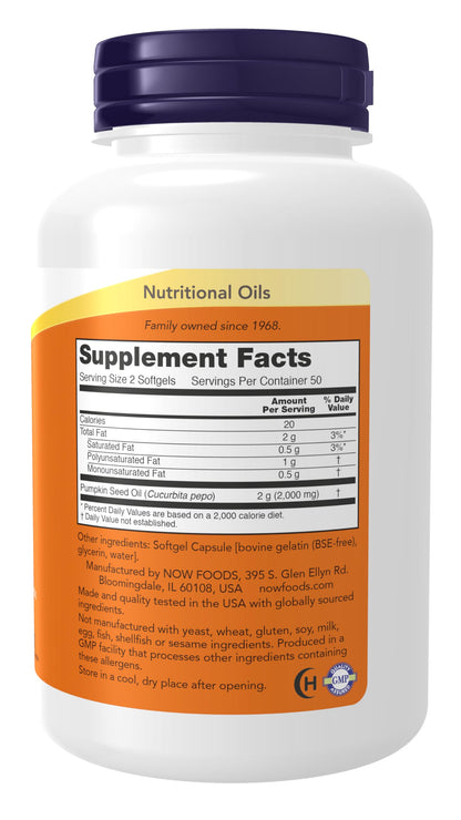 NOW Supplements, Pumpkin Seed Oil 1000 mg with Essential Fatty Acids and Phytosterols, Cold Pressed, 100 Softgels