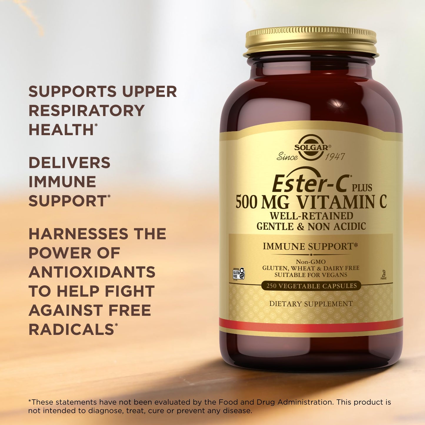 Solgar Ester-C Plus 500 mg Vitamin C (Ascorbate Complex) - 250 Vegetable Capsules - Gentle & Non Acidic - Antioxidant & Immune Support - Non GMO, Vegan, Gluten Free, Kosher - 250 Servings