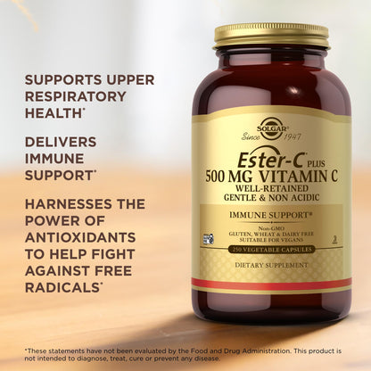 Solgar Ester-C Plus 500 mg Vitamin C (Ascorbate Complex) - 250 Vegetable Capsules - Gentle & Non Acidic - Antioxidant & Immune Support - Non GMO, Vegan, Gluten Free, Kosher - 250 Servings