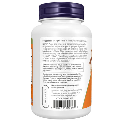 NOW Foods Supplements, Plant Enzymes with Lactase, Protease, Papain and Bromelain, 120 Veg Capsules
