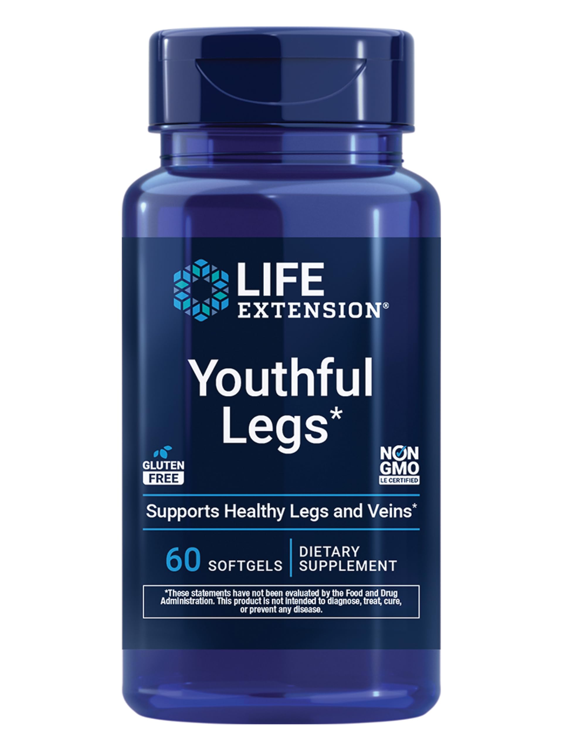 Life Extension Youthful Legs, Blood Flow, Vein Support, Circulation Supplement, Leg Health, Orange Peel Extract, diosmin, Gluten Free, Non-GMO, 60 softgels