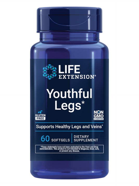 Life Extension Youthful Legs, Blood Flow, Vein Support, Circulation Supplement, Leg Health, Orange Peel Extract, diosmin, Gluten Free, Non-GMO, 60 softgels
