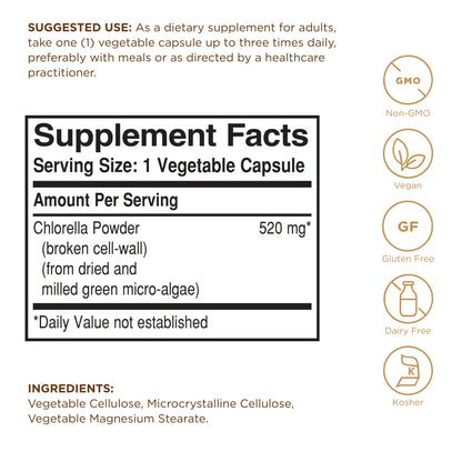 Solgar Chlorella - 100 Vegetable Capsules - Maximum Absorption - Non-GMO, Vegan, Gluten Free, Kosher - 100 Servings