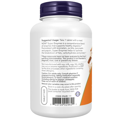 NOW Foods Supplements, Super Enzymes, Formulated with Bromelain, Ox Bile, Pancreatin and Papain, 180 Tablets