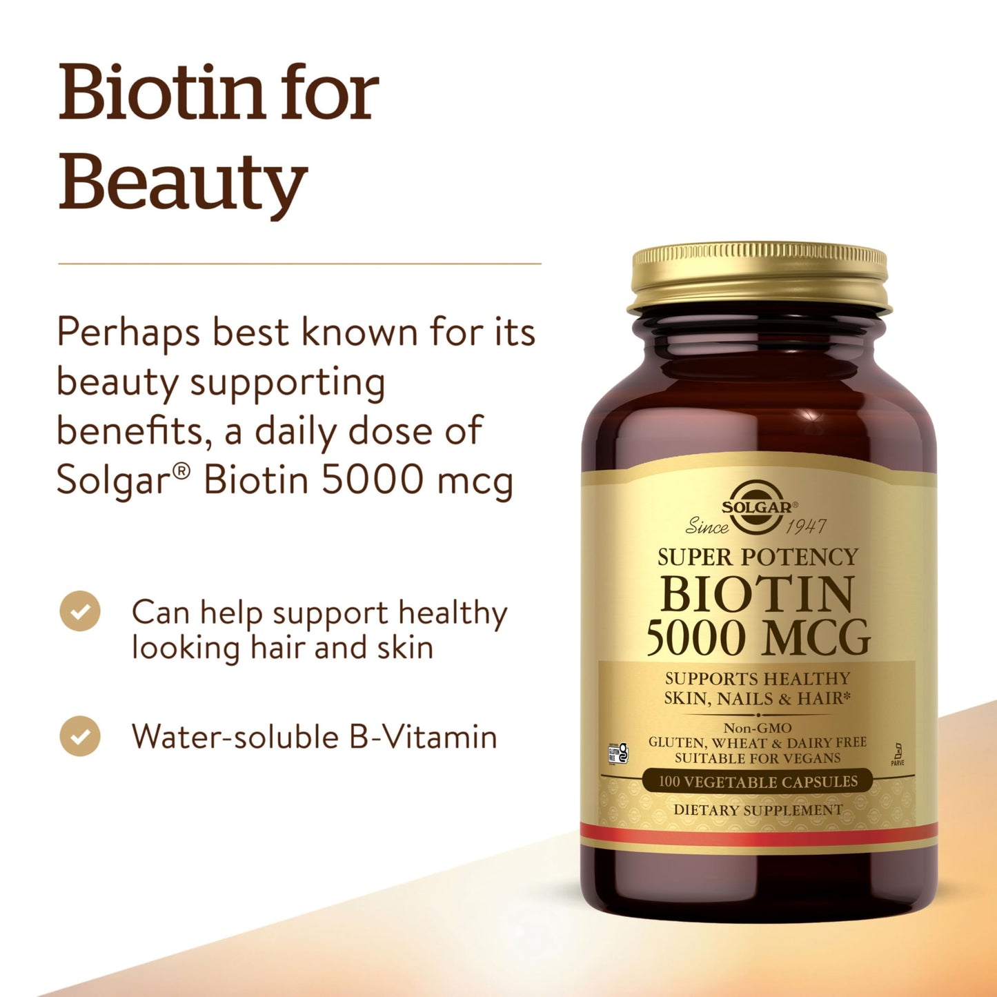 Solgar Biotin 5000 mcg, 100 Veg Caps - Promote Healthy Skin, Nails & Hair