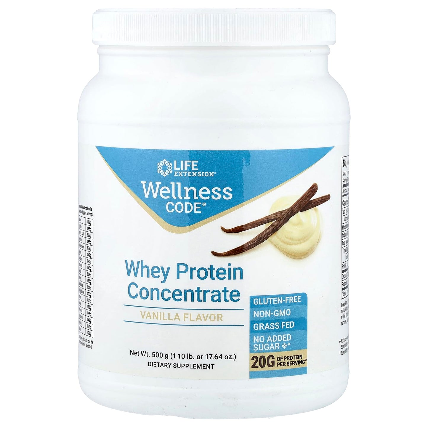 Life Extension Wellness Code Whey Protein Concentrate 20g Muscle Growth & Immune Health - Sourced From Grass-Fed, Free-Range, Hormone-Free Cows, Non-GMO, No Added Sugar, Vanilla- 500g