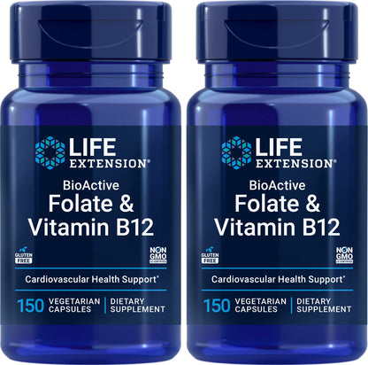 Life Extension BioActive Folate & Vitamin B12, 150 Vegetarian Capsules (Pack of 2), Non GMO, Gluten Free