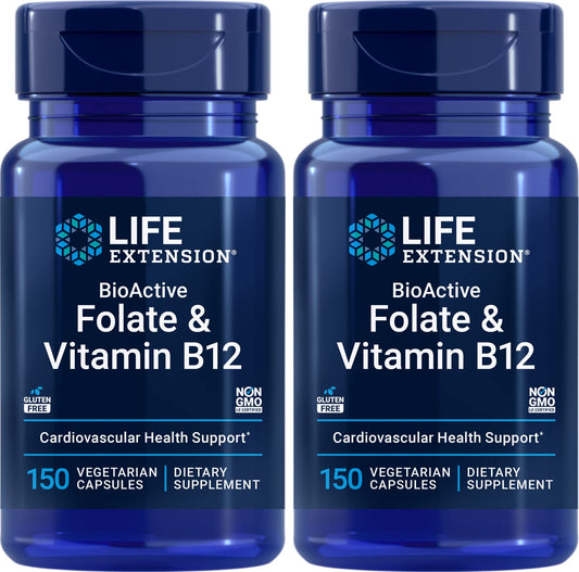 Life Extension BioActive Folate & Vitamin B12, 150 Vegetarian Capsules (Pack of 2), Non GMO, Gluten Free