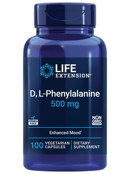 Life Extension D, L-Phenylalanine Capsules, 500 mg – Supports Mood Health, Promotes Neurotransmitter Health – Gluten-Free, Non-GMO, Vegetarian – 100 Capsules
