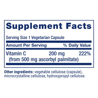 Life Extension Ascorbyl Palmitate 500mg – Fat-Soluble Vitamin C Supplement for Immune Support and Longevity – Water-Soluble Gluten-Free, Non-GMO, Vegetarian – 100 Capsules