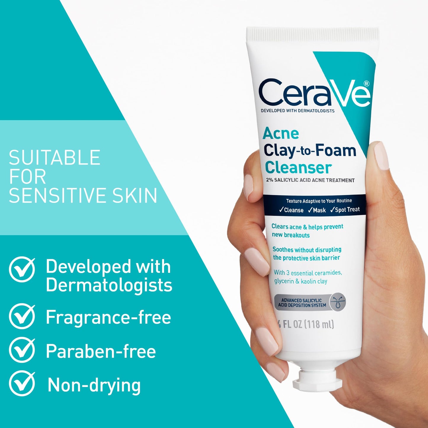 CeraVe Clay to Foam Acne Face Wash, Salicylic Acid Spot Treatment, 4 Oz