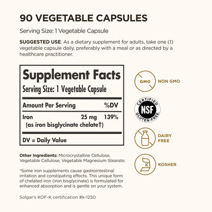 Solgar Gentle Iron 25mg, 90 Vegetable Capsules - Gentle on Stomach