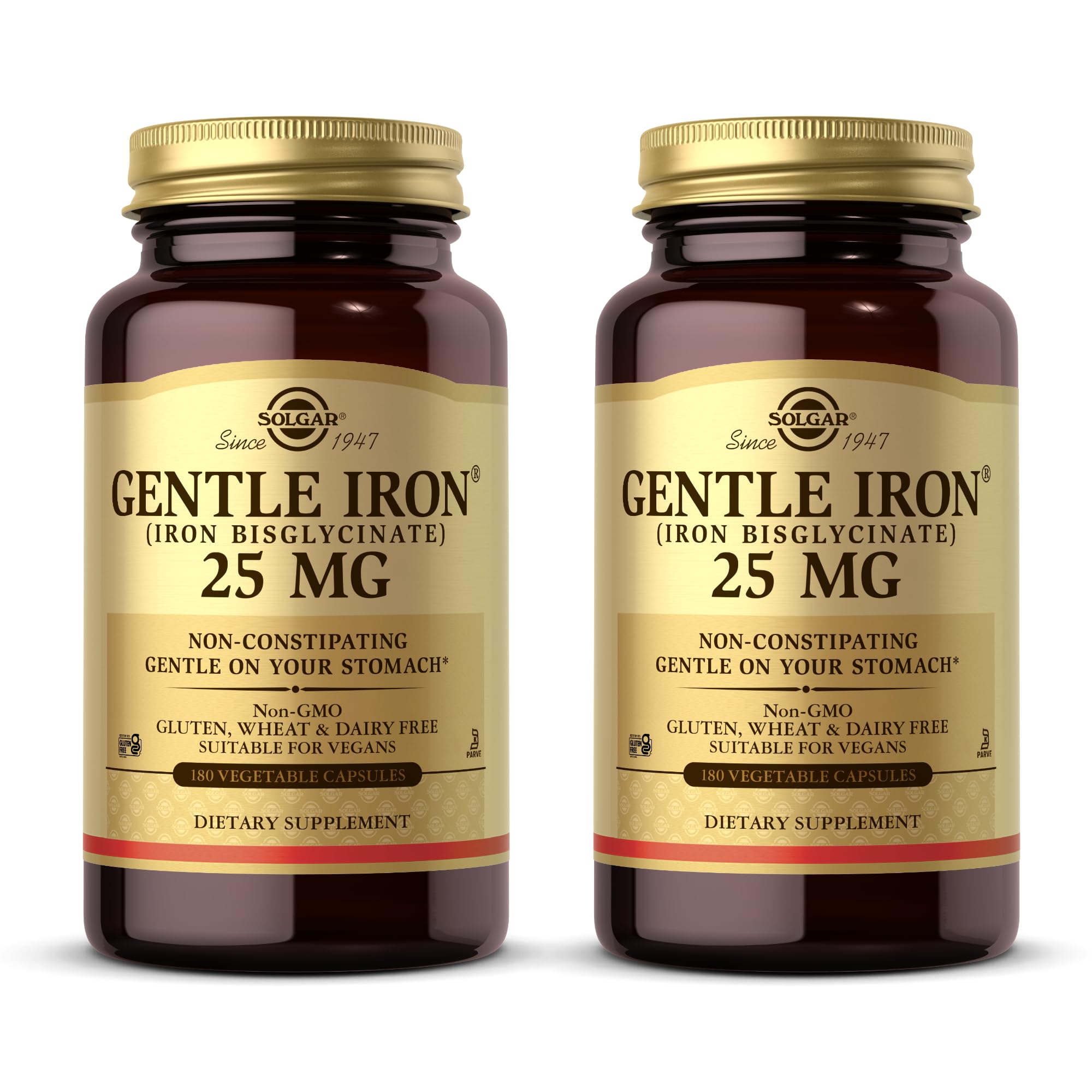 Solgar - Gentle Iron 25 mg Vegetable Capsules 180 Count 2 Pack Easy on Stomach, Promote Red Blood Cell Production.