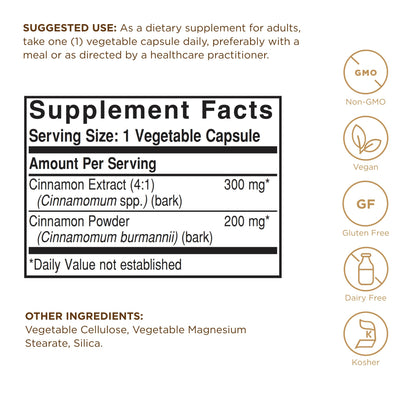 Solgar Cinnamon - 100 Vegetable Capsules, Pack of 2 - Full Potency (FP) - Non-GMO, Vegan, Gluten Free, Dairy Free, Kosher - 200 Total Servings