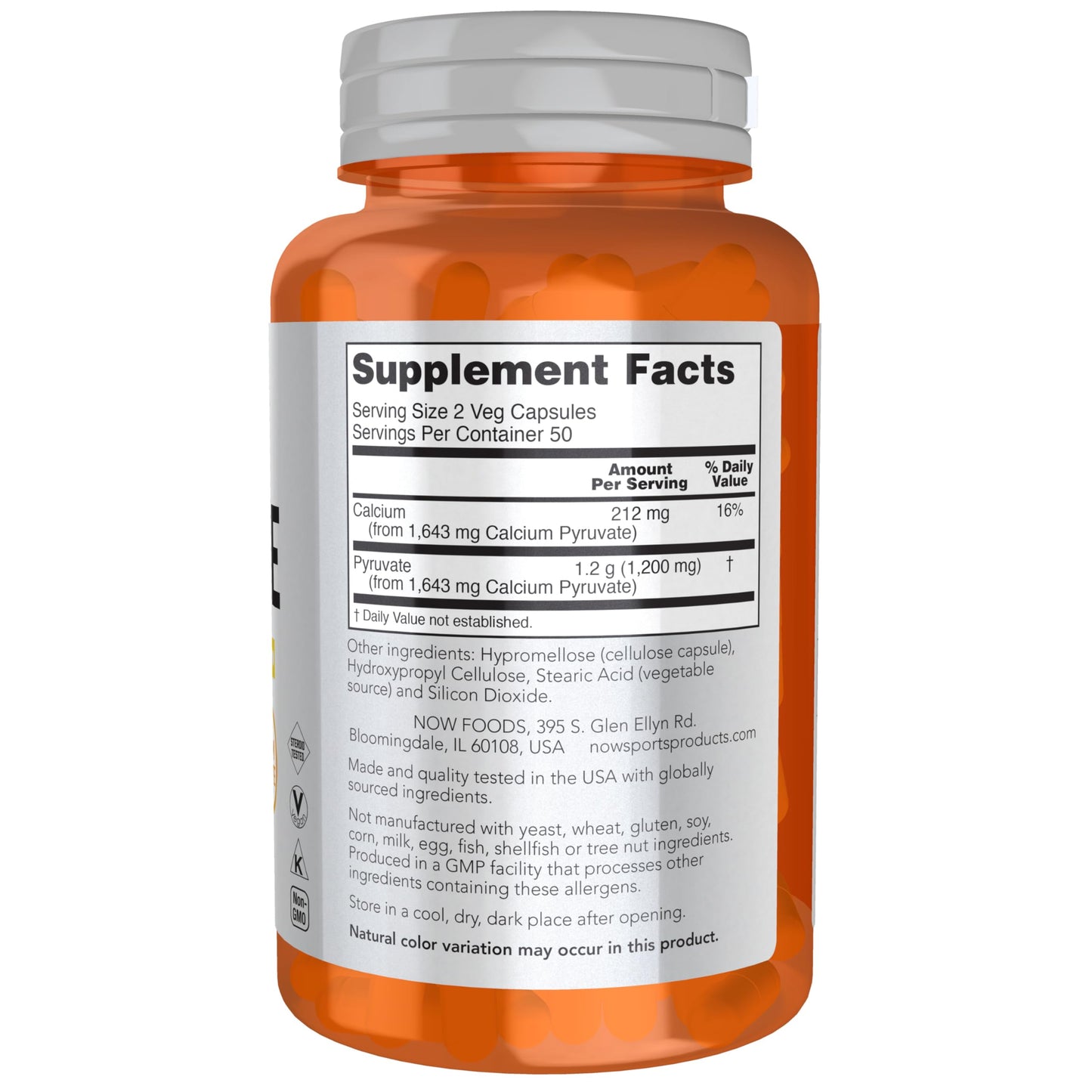NOW Foods Sports Nutrition, Pyruvate (Pyruvic Acid) 600 mg, Energy Production*, 100 Veg Capsules