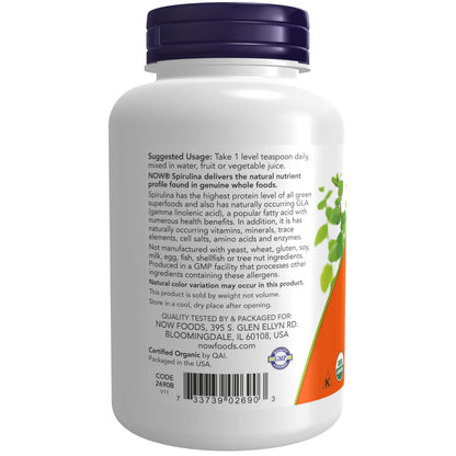 NOW Foods Supplements, Certified Organic, Spirulina Powder, Rich in Beta-Carotene (Vitamin A) and B-12 with naturally occurring GLA & Chlorophyll, 4-Ounce