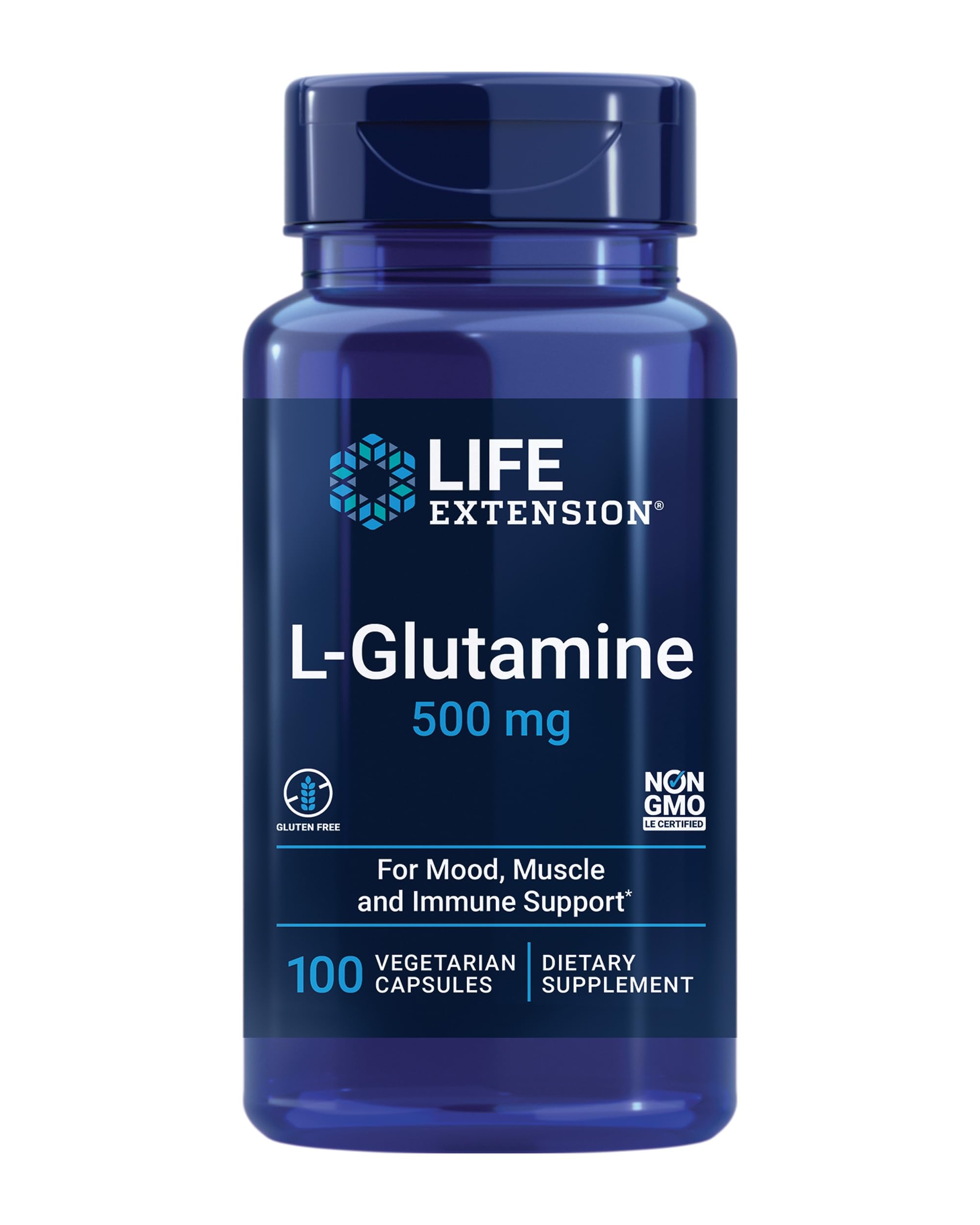 Life Extension L-Glutamine, 500 mg L-glutamine, Amino Acid, Supports Muscle Health and Immune Health, Gluten-Free, Non-GMO, 100 Vegetarian Capsules