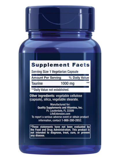 Life Extension Taurine, Pure Taurine Amino Acid Supplement, Heart, Liver and Brain Health, Longevity, Muscle and Exercise, 1000 mg dose, Non-GMO, Gluten-Free, Vegetarian, 90 Vegetarian Capsules