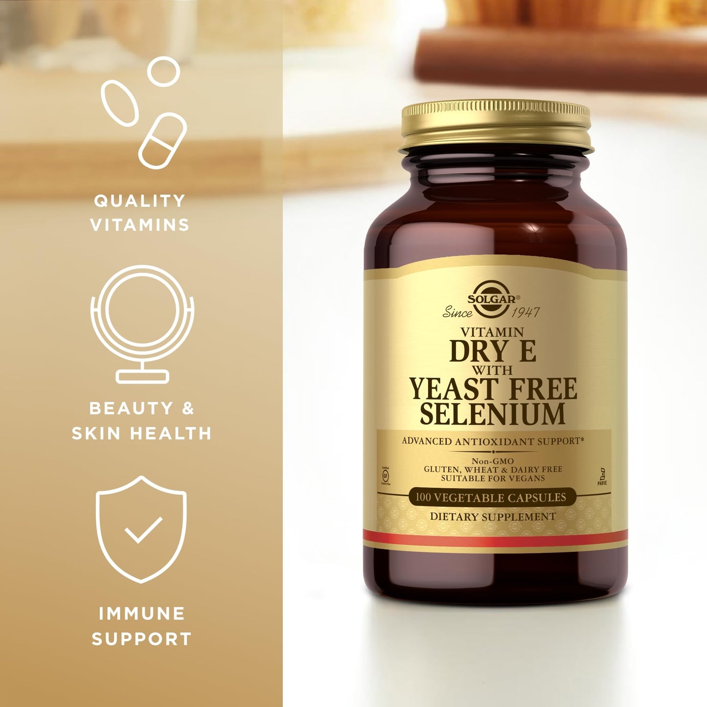 Solgar Dry Vitamin E with Yeast-Free Selenium - 100 Vegetable Capsules - Advanced Antioxidant Support - Non-GMO, Vegan, Gluten Free, Dairy Free, Kosher - 50 Servings