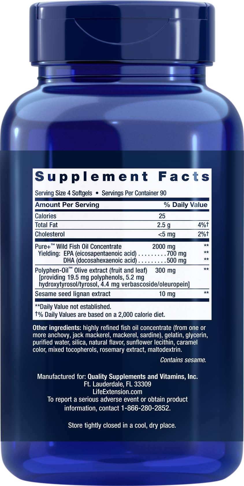 Life Extension Super Omega-3 360 Softgels, Easy to Swallow, EPA/DHA Omega3 Fish Oil, Sesame Lignans & Olive Extract