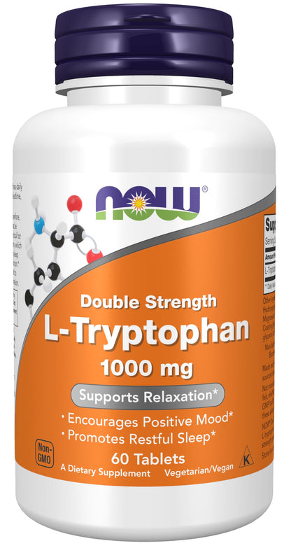NOW Foods Supplements, L-Tryptophan 1,000 mg, Double Strength, Encourages Positive Mood*, Supports Relaxation*, 60 Tablets