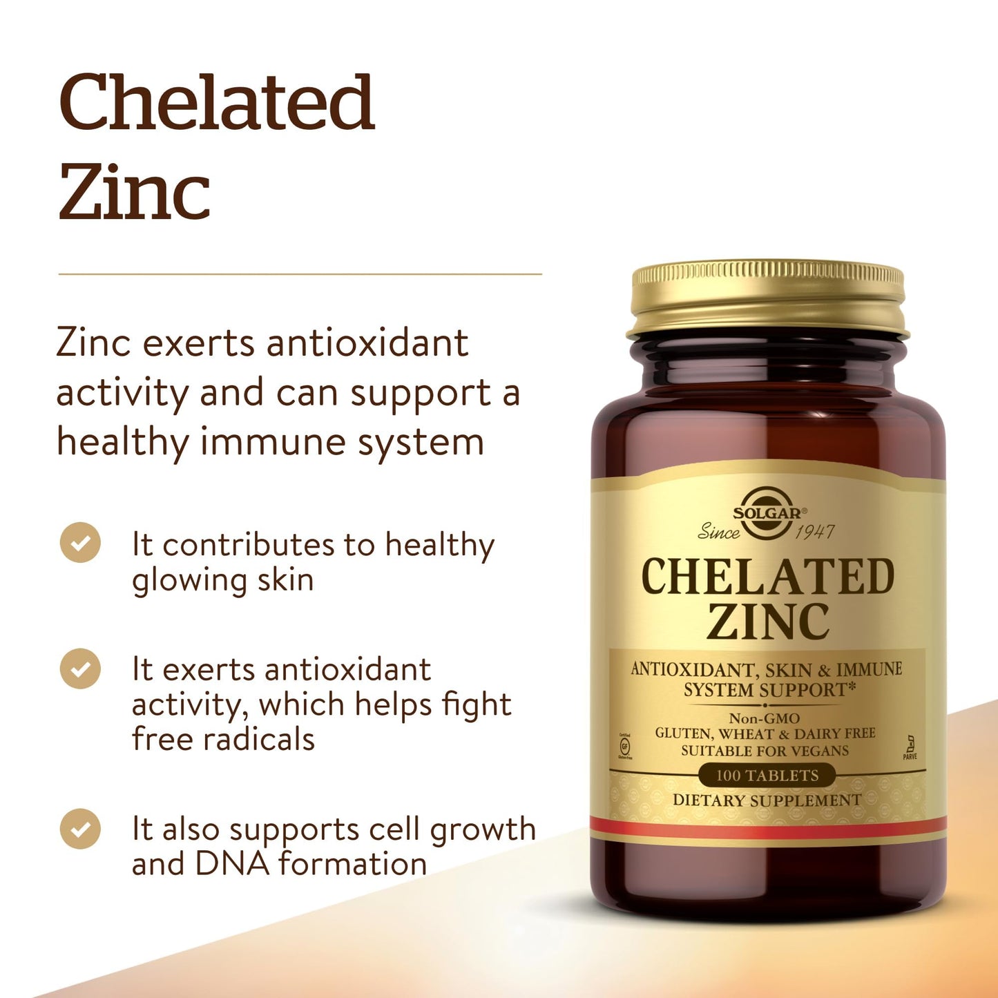 Solgar Chelated Zinc, 100 Tablets - Zinc for Healthy Skin - 100 Servings
