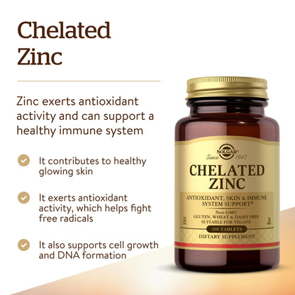 Solgar Chelated Zinc, 100 Tablets - Zinc for Healthy Skin - 100 Servings