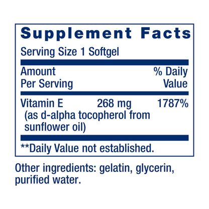 Life Extension Super Vitamin E, 268 mg (400 IU), Non-Synthetic Vitamin E Supplement Promotes Whole-Body Health, Gluten-Free, Non-GMO, 90 softgels