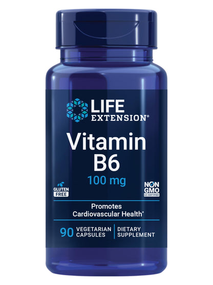 Life Extension Vitamin B6, 100 mg, high Potency, Cardiovascular Health, neurological Health, Eye Health, Healthy Kidney Function, Gluten-Free, Non-GMO, Vegetarian, 90 Capsules