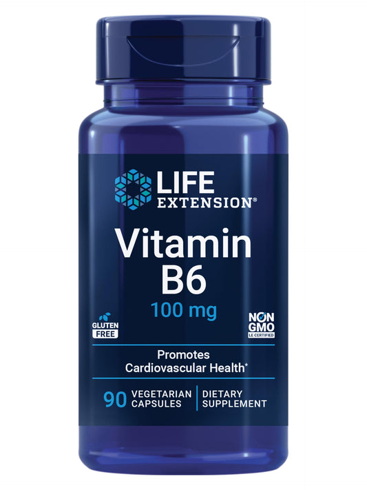 Life Extension Vitamin B6, 100 mg, high Potency, Cardiovascular Health, neurological Health, Eye Health, Healthy Kidney Function, Gluten-Free, Non-GMO, Vegetarian, 90 Capsules