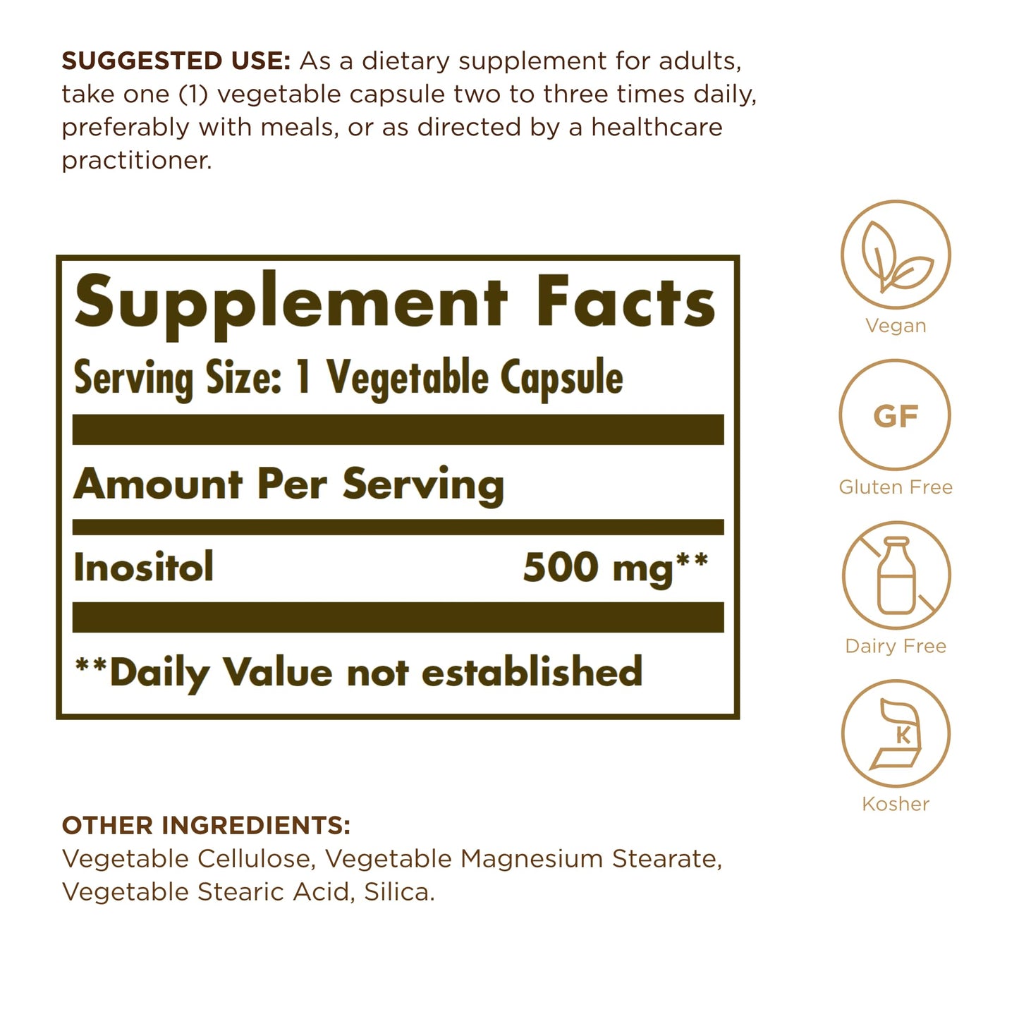 Solgar Inositol 500 mg - 100 Vegetable Capsules - Non-GMO, Vegan, Gluten Free, Dairy Free, Kosher - 100 Servings