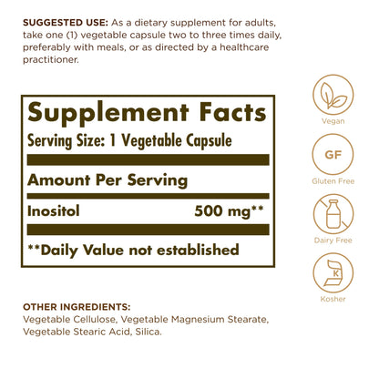 Solgar Inositol 500 mg - 100 Vegetable Capsules - Non-GMO, Vegan, Gluten Free, Dairy Free, Kosher - 100 Servings