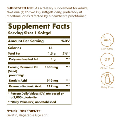 Solgar Evening Primrose Oil 1300 mg, 60 Softgels (Pack of 2) - Promotes Healthy Skin - Nutritional Support for Women - Non-GMO, Gluten Free, Dairy Free - 120 Total Servings